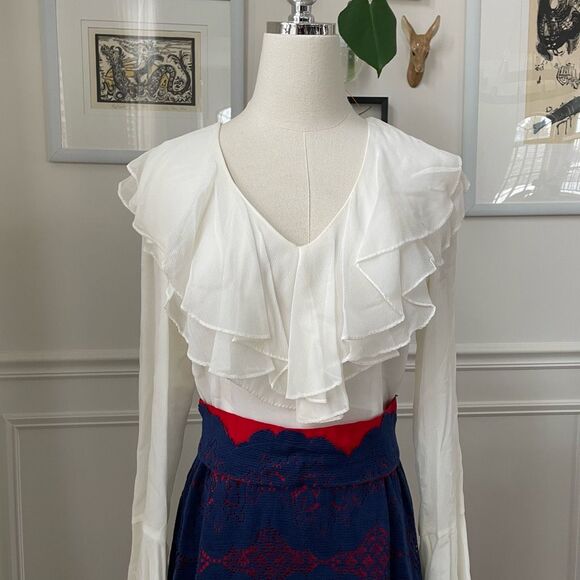 Vintage 70s Calderon Blue White Red Maxi Dress Long Sleeve S M - Picture 2 of 12